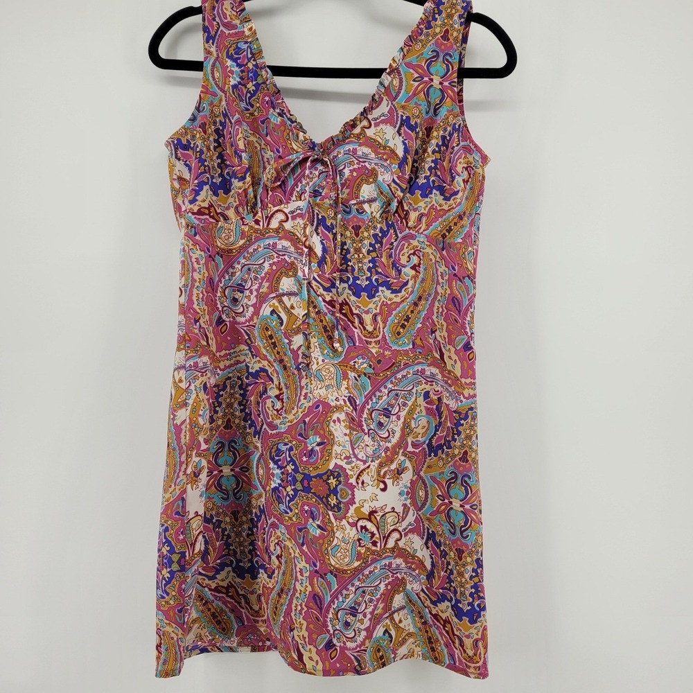 Jonathan Martin Womens Medium Pink Purple Paisley V-Neck Ruffle Y2K Mini Dress